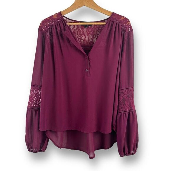 Aakaa Women's L Long Sleeve Lace Accent Peasant Blouse Maroon Semi Sheer Fall - Picture 1 of 10